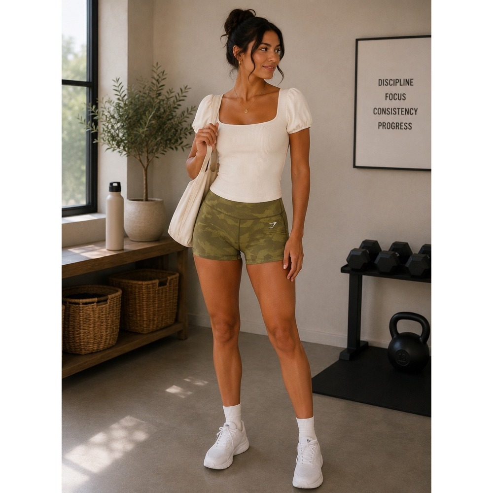Gymshark Adapt Camo Seamless Shorts Green Camouflage Ruched High Waist S